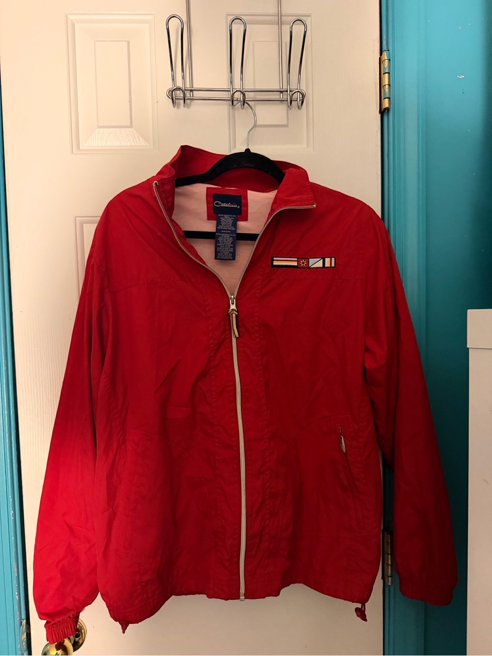 Catalina Red Zip-Front Windbreaker with Chest Stripe Patch